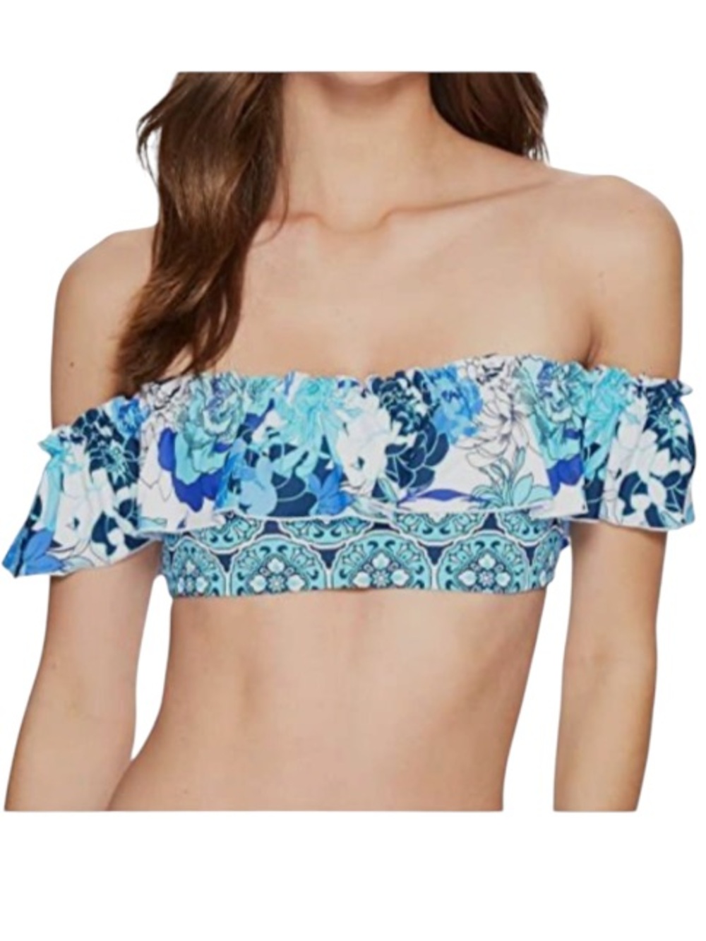 Bleu Rod Beattie Fresh Takes Floral Ruffle Off the Shoulder Bikini Top SZ 4 NWT